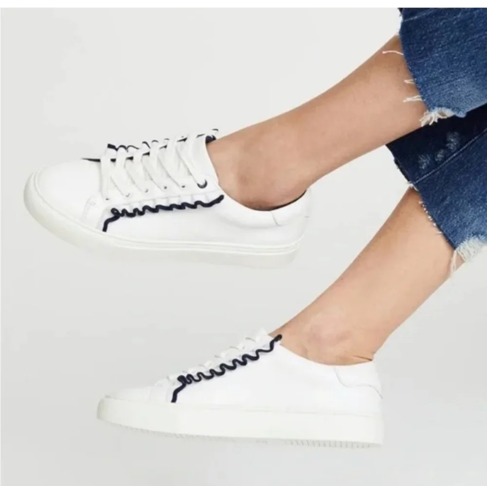 Tory Burch Women's‎ White Leather Sneakers with Navy Blue Ruffle Trim. Size